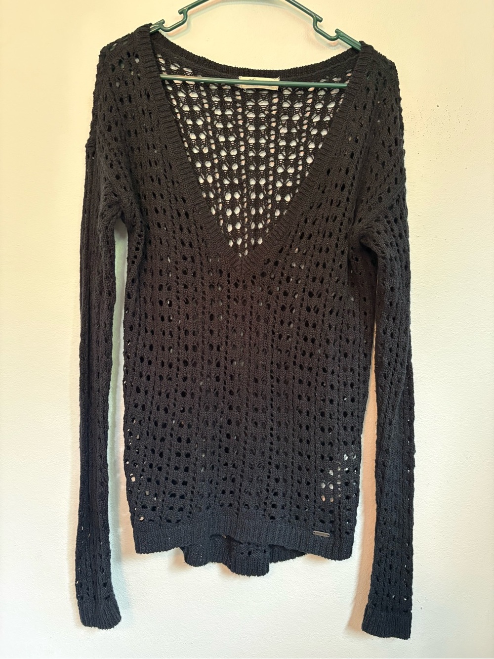 Hollister Black Open Knit Crochet V-Neck Sweater Size M EUC Boho Y2K